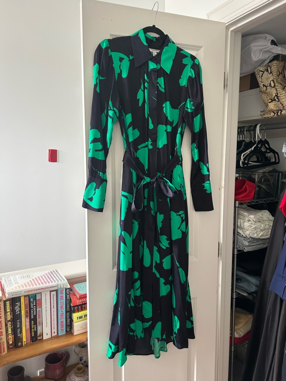 COS Black Shirt Dress with Green Abstract Floral Print, US6